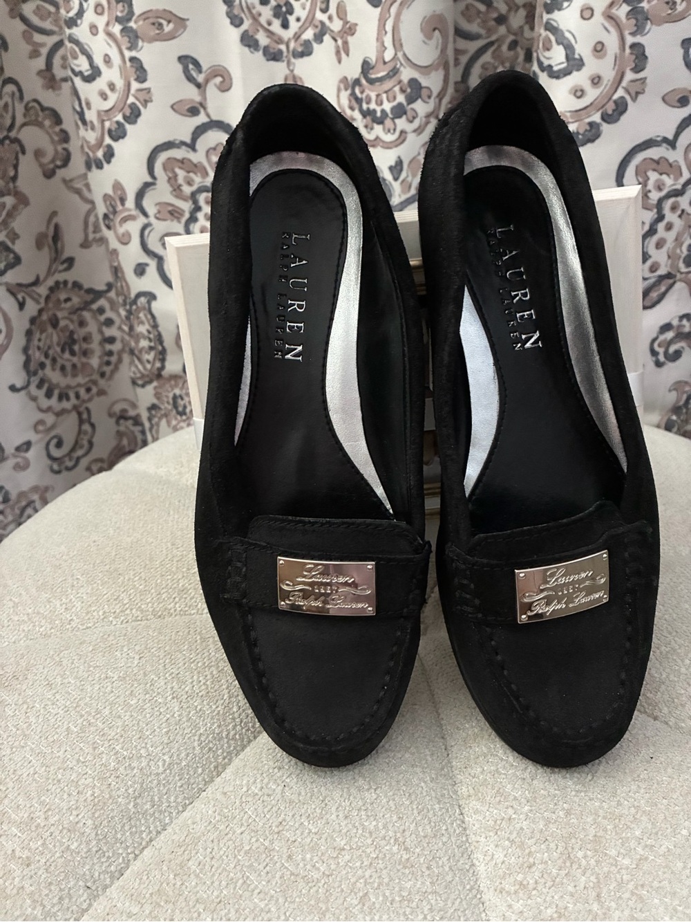 Lauren Ralph Lauren Black Suede Loafers with Silver Tone Logo Plaque